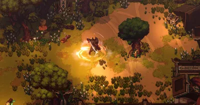 Dimraeth starter forest at sunset with the player character fighting near a tree