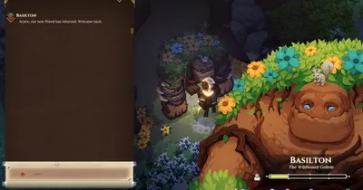 Dimraeth dialogue screen with the golem character Basilton, The Unfettered