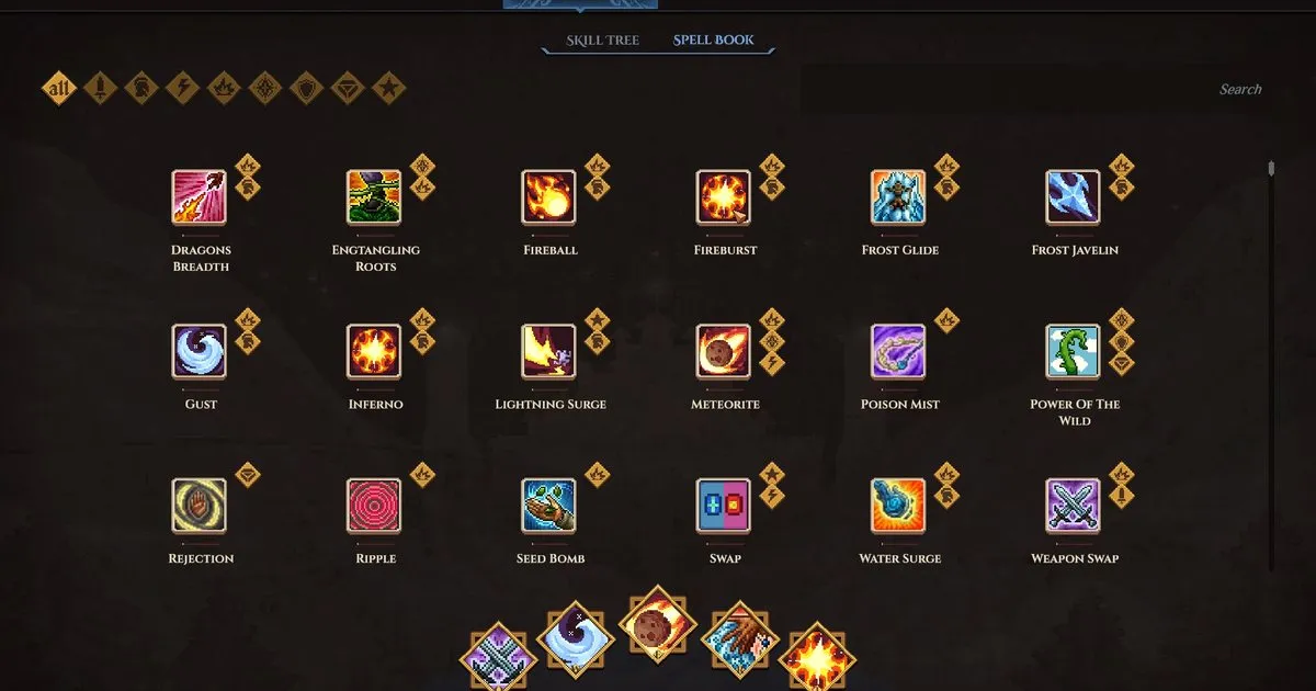 Dimraeth character progression scene with pixel-art heroes and build choices