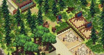 Dimraeth village with planted farming plots, pine trees and wooden buildings