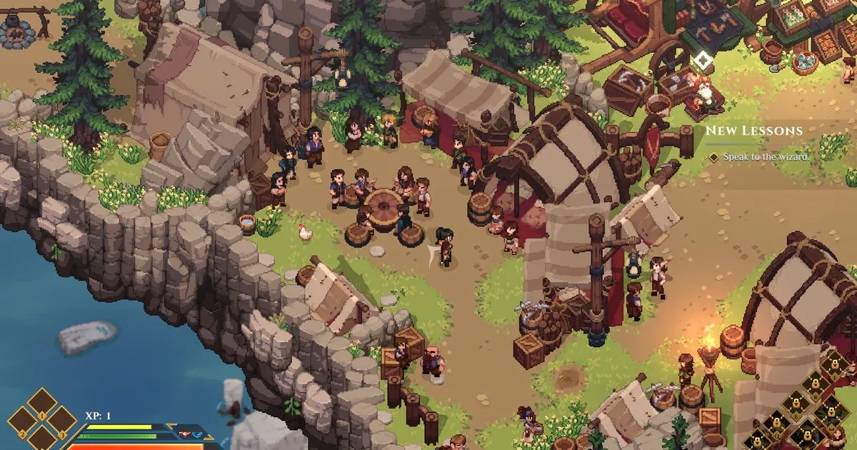 Dimraeth village square crowded with pixel-art villagers and adventurers