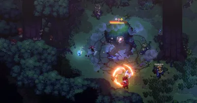 Dimraeth combat scene in a dark blue forest with glowing magic rings around the player