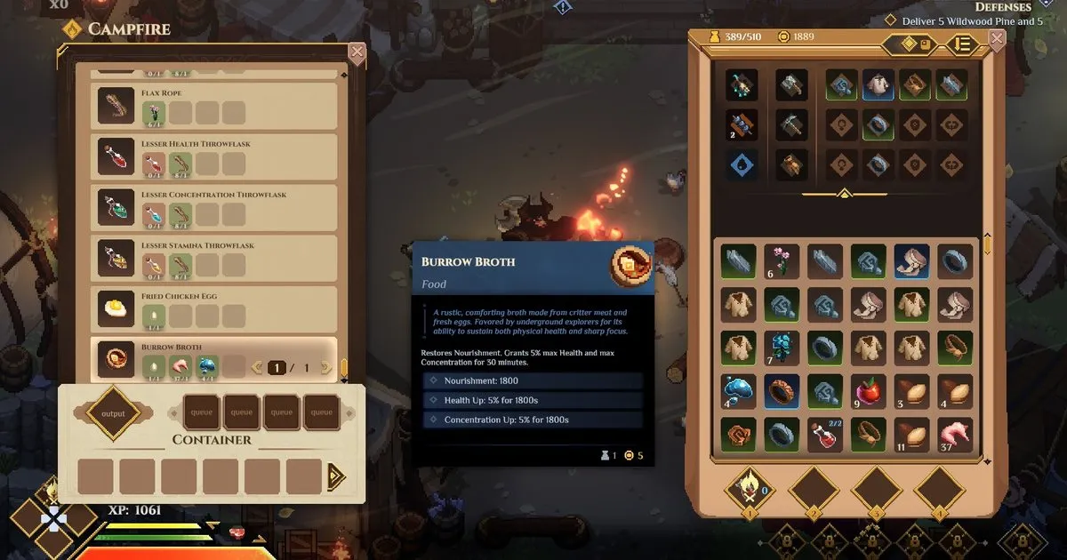 Dimraeth inventory and crafting interface from the PC build