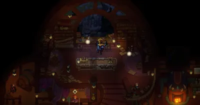 Dimraeth tavern interior with warm lantern light and several pixel-art villagers